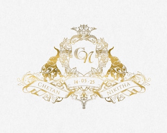 Logotipo de brasão de casamento com elefante: Monograma indiano (Download digital)