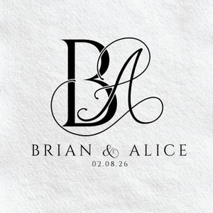 Puede incluir: Monograma de boda en blanco y negro con las letras "B" y "A" entrelazadas. El texto "BRIAN & ALICE" y la fecha "02.08.26" están debajo del monograma.