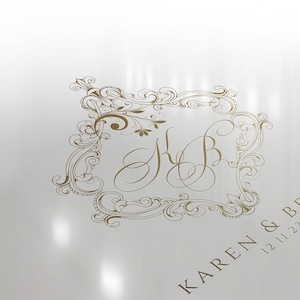 May include: A wedding announcement with a gold ornate frame and the initials "K & B" in cursive script. The text "KAREN & BRENT 12.11.22" is below the frame.