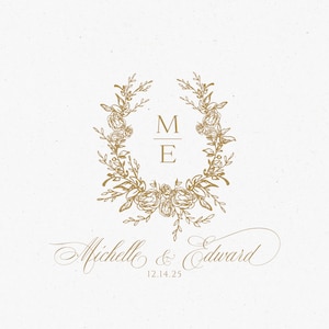 Wedding Logo SVG Wedding Monogram SVG Editable Crest PNG Vintage Wreath Logo Svg Fine Art Wedding Crest Organic Antique Logo Design
