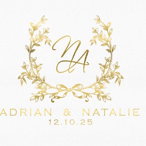 May include: Gold wedding invitation with a floral wreath and the initials "NA" in a script font. The text "ADRIAN & NATALIE" and the date "12.10.25" are also included.