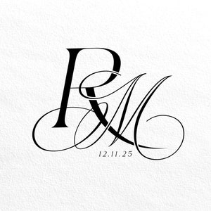 Op de afbeelding: Zwart-wit kalligrafiemonogram met de letters "R" en "M" die in elkaar zijn verweven. De datum "12.11.25" staat onder het monogram.