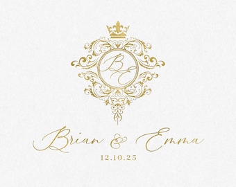 Logotipo editável para casamento com brasão real, monograma barroco (download digital)
