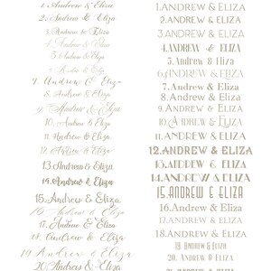 May include: A list of font recommendations for the names "Andrew & Eliza" in script and serif/sans fonts. The list includes 23 different variations of the names in different fonts.