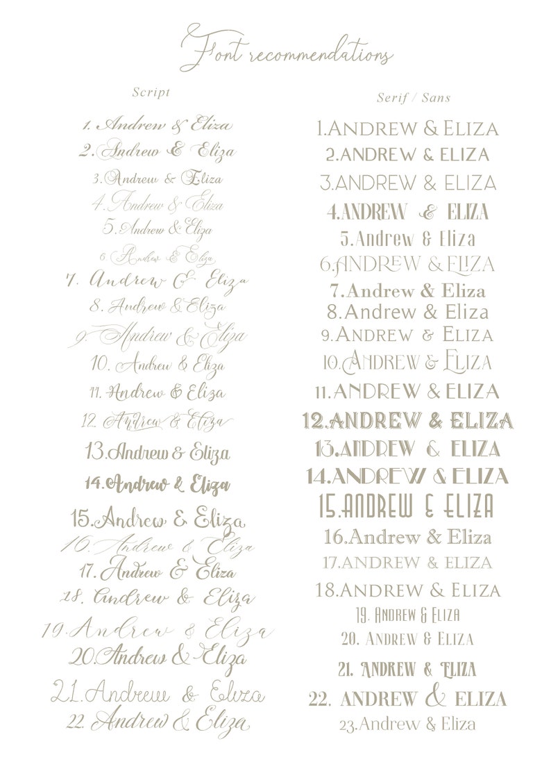 May include: A list of font recommendations for the names "Andrew & Eliza" in script and serif/sans fonts. The list includes 23 different variations of the names in different fonts.