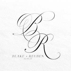 Peut inclure: Calligraphie en noir et blanc des lettres "B" et "R" avec le texte "BLAKE + REUBEN 02.04.25" en dessous.