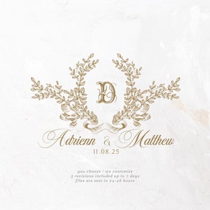 May include: A wedding invitation with a gold floral design and the names Adrienn and Matthew, along with the date 11.08.25. The text "you choose / we customize 3 revisions included up to 7 days files are sent in 24-48 hours" is also included.