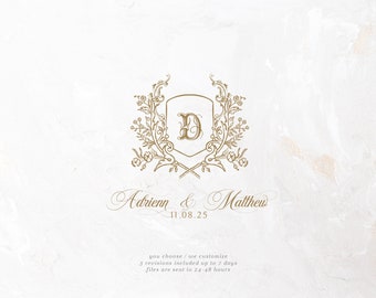 Floral Vintage Wedding Logo, Custom Monogram Crest (Digital Download)