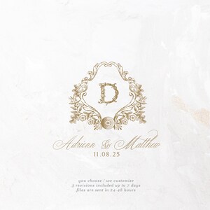 May include: A gold monogram featuring the letter "D" within an ornate frame adorned with floral details. The text "Adrienn & Matthew" and the date "11.08.25" are positioned beneath the monogram. The text "you choose / we customize 3 revisions included up to 7 days files are sent in 24-48 hours" is located at the bottom of the image.