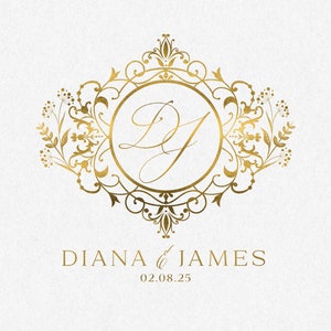 May include: Gold wedding monogram with a decorative floral frame and the initials "DJ" inside. The text "Diana & James" and the date "02.08.25" are below the monogram.
