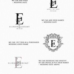 May include: Black and white wedding monogram featuring the letter E, the names Elinor & Jeremy and the date 10.12.22. The image includes instructions on how to personalise the monogram with names, dates, and colours.