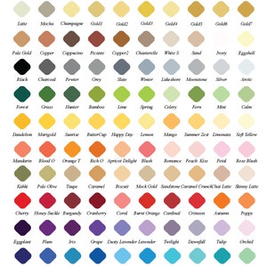 May include: A color guide with 100 color swatches in a grid format. The swatches are labeled with names like Latte, Mocha, Champagne, Gold1, Gold2, Gold3, Gold4, Gold5, Gold6, Gold7, Pale Gold, Copper, Cappuccino, Picante, Copper2, Chanterelle, White S, Sand, Ivory, Eggshell, Black, Charcoal, Pewter, Grey, Slate, Winter, Lakeshore, Moonstone, Silver, Arctic, Forest, Grass, Hunter, Bamboo, Lime, Spring, Celery, Fern, Mint, Calm, Dandelion, Marigold, Sunrise, ButterCup, Happy Day, Lemon, Mango, Summer Zest, Limonata, Soft Yellow, Mandarin, Blood O, Orange T, Rich O, Apricot Delight, Blush, Romance, Peach Kiss, Petal, Rose Blush, Kahka, Pale Olive, Taupe, Caramel, Biscuit, Mock Gold, Sandstone, Caramel CrunchChai Latte, Skinny Latte, Cherry, Honey Suckle, Burgundy, Cranberry, Coral, Burnt Orange, Cardinal, Crimson, Autumn, Poppy, Eggplant, Plum, Iris, Grape, Dusty Lavender, Lavender, Twilight, Dawnfall, Tulip, Orchid, Navy, Saphire, Lake, Cobalt, Summer Day, Sky, Gold Coast, Ring Box, Peacock, Pool, Dusk, Bluebell, Dusty Blue, Light Blue, Teal, Turquoise, Aqua, Baby, Storm, Glass.