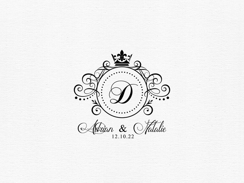 May include: Black and white wedding monogram with a crown above the letter D. The text below reads "Adrian & Natalie 12.10.22".