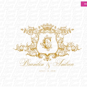 May include: A gold wedding invitation with a decorative crest featuring a crown and the letter "C". The text "Brandon & Andrea" and "April 14, 2018" is below the crest.