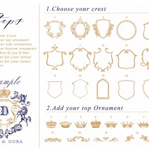 May include: A guide to creating a custom crest with a variety of options for the crest, top ornament, and other details. The example shows a crest with a crown, a letter D, and two horses. The text below the crest reads "ALEX & DORA".