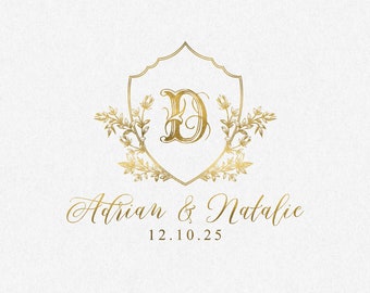 Vintage Floral Wedding Logo, Editable Crest (SVG, PNG)