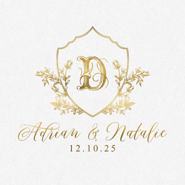 Vintage Floral Wedding Logo, Editable Crest (SVG, PNG)