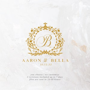 May include: A gold wedding monogram with the letter "B" in a decorative floral frame. The text "AARON & BELLA" and the date "10.12.22" are below the monogram. The text "you choose/we customize 3 revisions included up to 7 days files are sent in 24-48 hours" is below the date.