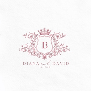 May include: A pink crest design with a crown, floral details, and the letter "B" within a shield. The names "Diana and David" and the date "12.19.26" are printed below. The design is set against a textured white background.