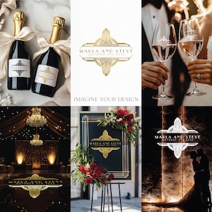 May include: A wedding invitation suite with a gold art deco design. The invitation features the names "Marla and Steve" and the date "October 5th 2026".