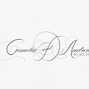 May include: Calligraphy style wedding announcement with the names "Camelia and Andrew" and the date "01.02.21".