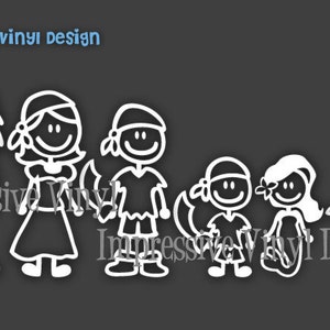 May include: White stick figure family decal with pirate themed outfits. The family includes a father, mother, two children, and a cat. The text "Impressive Vinyl Design" is visible in the image.