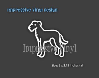 May include: White silhouette of a dog, standing on all four legs, with its tail curled up. The dog is facing the left side of the image. The image is on a dark gray background. The text "Impressive Vinyl" is below the dog. The text "Size: 3 x 2.75 inches tall" is below the text "Impressive Vinyl".