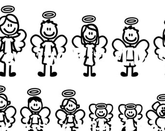 May include: Black and white stick figure family with halos and wings. The family includes a mom, dad, children, a dog, and a cat.