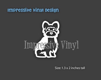 May include: White vinyl sticker of a Yorkshire Terrier dog silhouette. The sticker is 1.3 inches wide and 2 inches tall.  Impressive Vinyl.