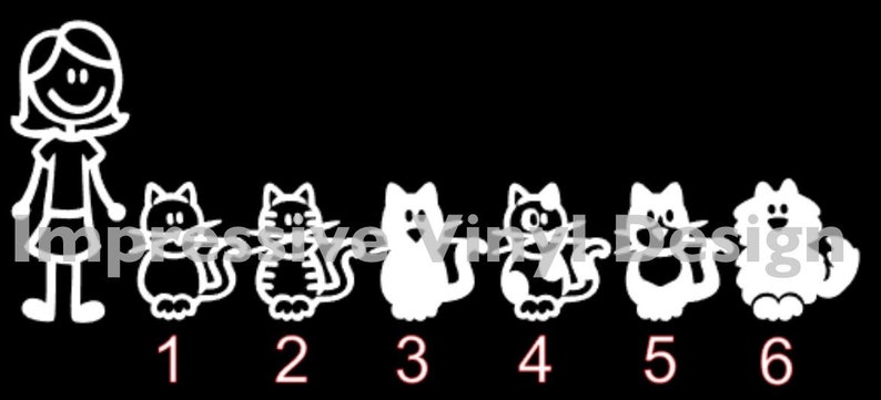 May include: White vinyl decal featuring a woman and six cat figures. Each cat has a unique design, with numbers 1-6 below them. The text "Impressive Vinyl Design" is partially visible in the background. The figures are on a black background.