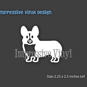 May include: White vinyl decal of a corgi dog silhouette. The decal is 2.25 inches wide and 2.5 inches tall. The text "Impressive Vinyl" is below the dog.