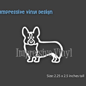 May include: White outline of a corgi dog with the text "Impressive Vinyl" below. The dog is 2.25 inches wide and 2.5 inches tall.