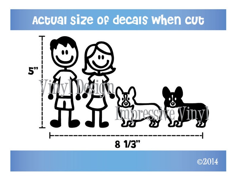 May include: Black and white stick figure family decal set with two children and two dogs. The decal set measures 5 inches tall and 8 1/3 inches wide.
