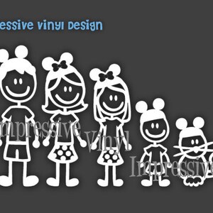 May include: White stick figure family decal with Mickey Mouse ears. The family includes a dad, mum, two daughters, and a pet mouse. The decal says "Impressive Vinyl" on the bottom.