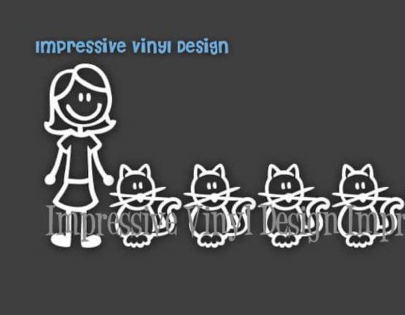 May include: White vinyl decal featuring a stick figure woman and four cat stick figures. The text "impressive vinyl design" is in blue above the figures. The figures are on a dark gray background.