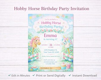 Horse Birthday Party Invitation | Editable Canva Template | Girl Printable | Digital Download