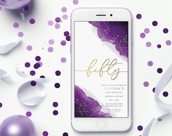 Purple and Gold Birthday Party Invitation: Personalized Digital File