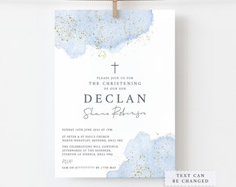 May include: A blue and gold watercolour invitation for a christening. The invitation features a cross, the name Declan, and the text "Please join us for the christening of our son". The invitation also includes the date, time, and location of the christening.