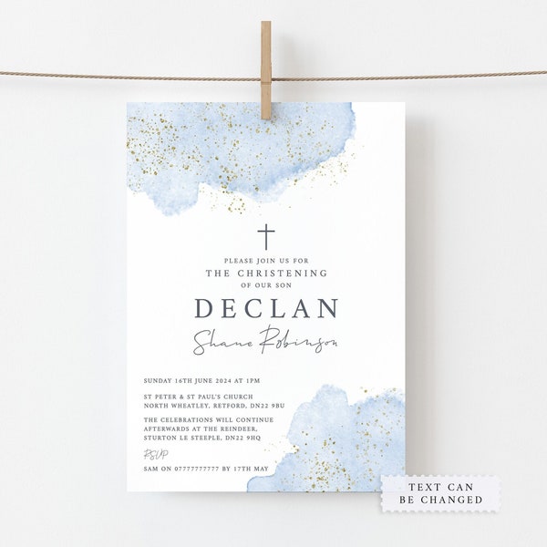 Blue and Gold Christening Invitation, Boy Baptism Invitation, Blue Watercolour Invitation  - Digital or Printed