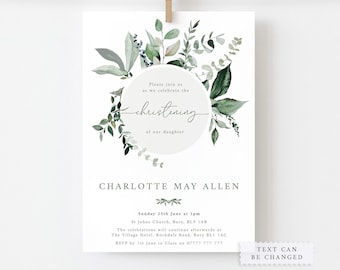May include: A green and white floral wreath with a circle in the centre that says "christening" of our daughter. The text below the wreath says "Charlotte May Allen" and includes the date, time, and location of the christening. The text at the bottom says "Text can be changed."