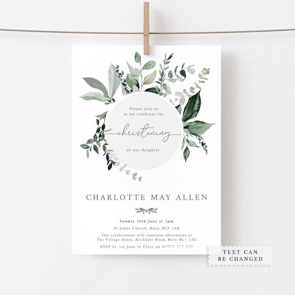 Personalised Eucalyptus Green Floral Christening Invitations - Baptism Invitations - Naming Day - Digital File or Printed