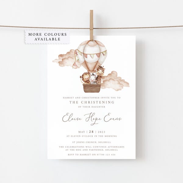 Baby Animal Hot Air Balloon Christening Invitations (Digital File or Printed)