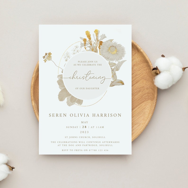 Personalised Boho Floral Christening / Baptism / Naming Day Invitations Digital File or Printed image 3