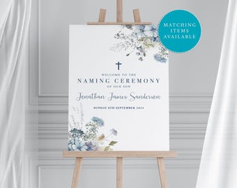 Placa de boas-vindas com flores azuis para batizado: cerimônia de nomeação elegante (download digital)