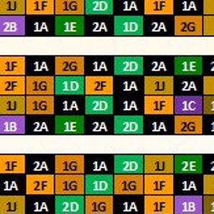 May include: A grid of 49 squares, each containing a letter and a number. The squares are arranged in seven rows and seven columns. The letters are in a variety of colors, including red, blue, green, purple, and orange. The numbers are all black.