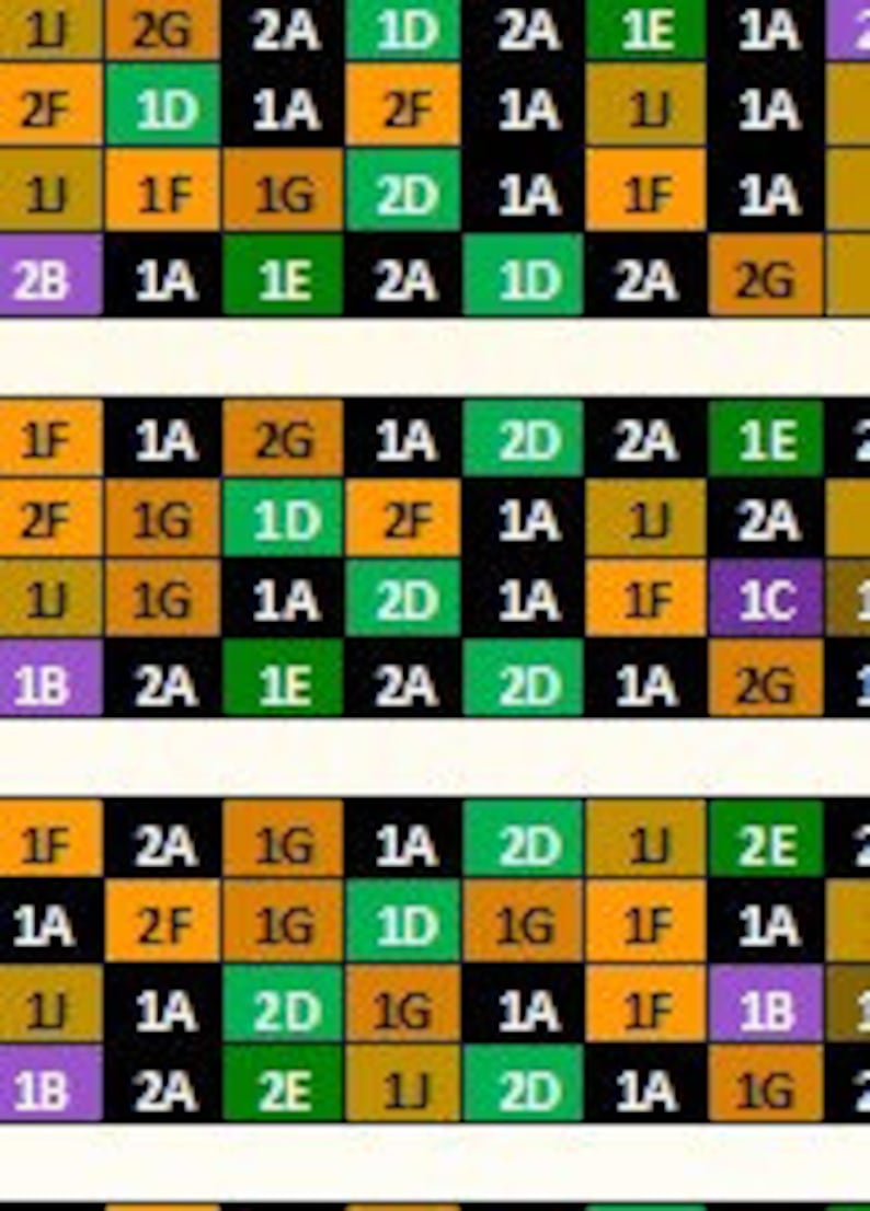May include: A grid of 49 squares, each containing a letter and a number. The squares are arranged in seven rows and seven columns. The letters are in a variety of colors, including red, blue, green, purple, and orange. The numbers are all black.
