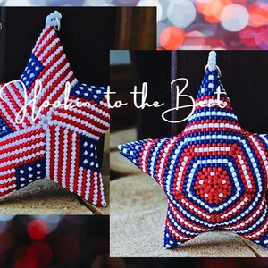 May include: Two star-shaped ornaments with red, white, and blue beadwork, resembling the American flag. One star has a flag design, and the other has a radial pattern. The text "Hooked to the Best" is written across the image.