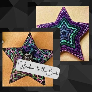 May include: Two purple, green, and black star-shaped beaded pillows with the text "Hookin' to the Beat" on one of the pillows.