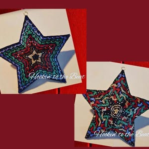 May include: Two beaded star ornaments with a multi-colored geometric design. The stars are blue, green, red, and gold. The text "Hookin' to the Beat" is on each ornament.