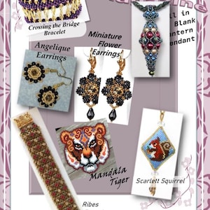 May include: A magazine page showcasing handcrafted jewellery. It features a beaded bracelet, earrings, a pendant, and another bracelet. Also includes a beaded tiger and a squirrel pendant. Text includes "Crossing the Bridge Bracelet" and "Angelique Earrings."